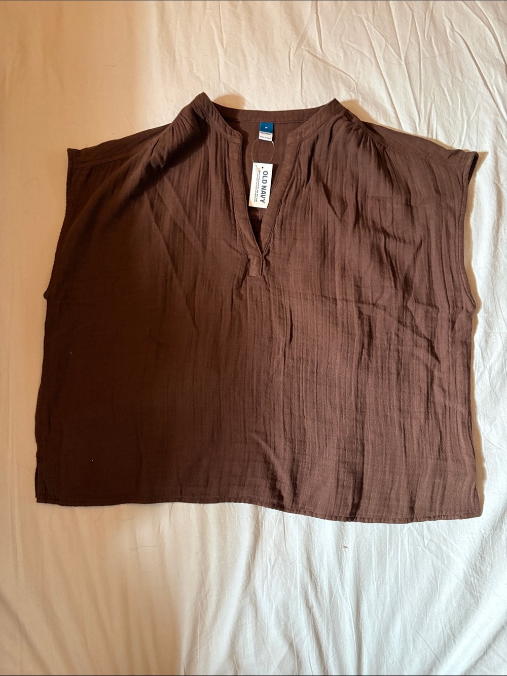 Old Navy Brown Split-Neck Cap-Sleeve Tunic Top
